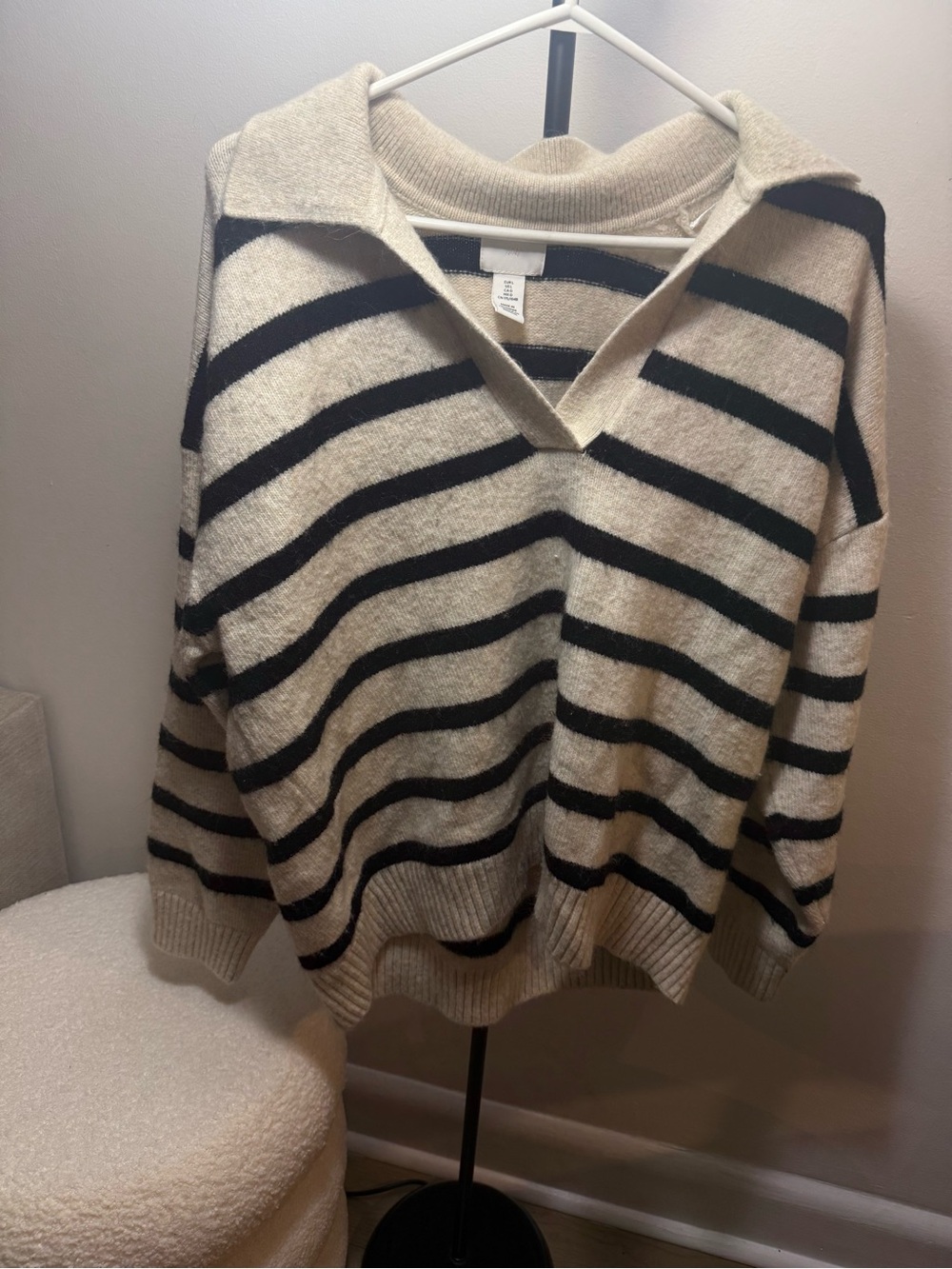 H&M Cream & Black Striped V-Neck Sweater with Collar